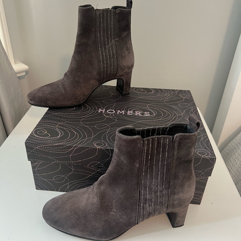Gray Suede Ankle Booties with Stacked Heel